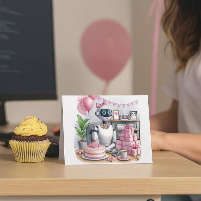Carte d'anniversaire de robot à paillettes roses p ("Robot birthday card for girls who code—fun desk mockup card with cupcake and balloon blur.)