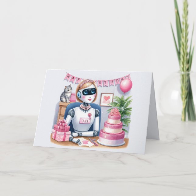 Carte d'anniversaire de robot de filles de technol (Devant)