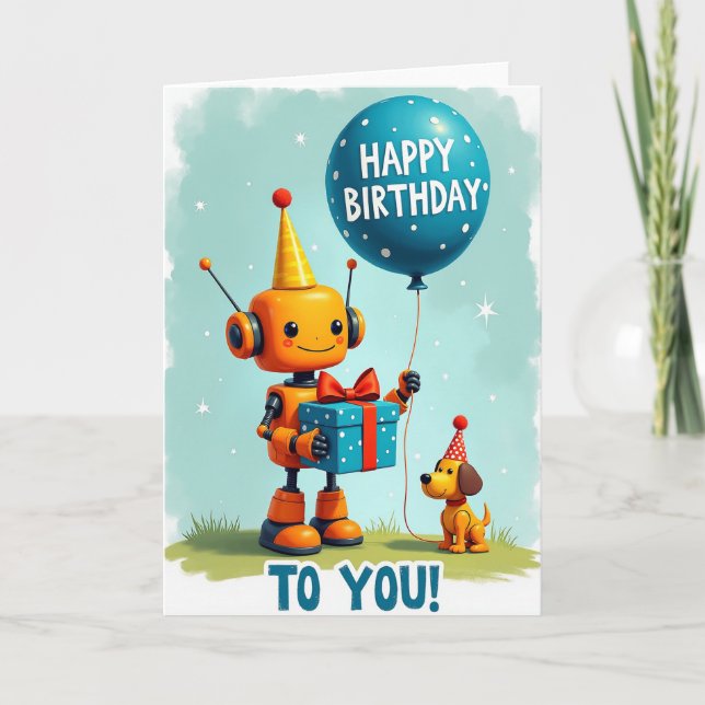 Carte d'anniversaire de robot festive (Devant)