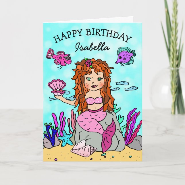 Carte d'anniversaire de sirène aux cheveux roux (Devant)