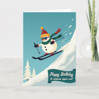 Carte d'anniversaire de ski de bonhomme de neige