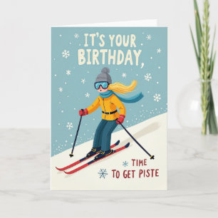 Carte d'anniversaire de skieuse joyeuse
