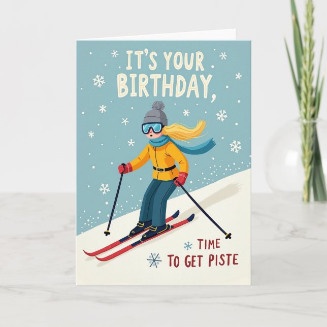 Carte d'anniversaire de skieuse joyeuse (Devant)