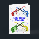 Carte d'anniversaire de Son in Law Guitares<br><div class="desc">Une belle carte d'anniversaire pour un gendre. L'art coloré de guitare électrique avec une échelle de musique dans l'arrière - plan. On ne peut pas avoir trop de guitares. Une carte d'anniversaire de guitare très cool, célèbre l'énergie et le pur plaisir de cet instrument musical. Une carte d'anniversaire parfaite pour...</div>