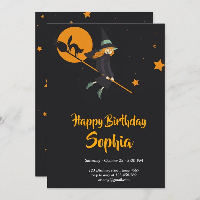carte d'anniversaire de sorcière et de chat (Devant / Derrière)
