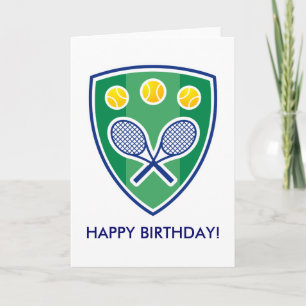 Carte d'anniversaire de tennis avec badge en raque