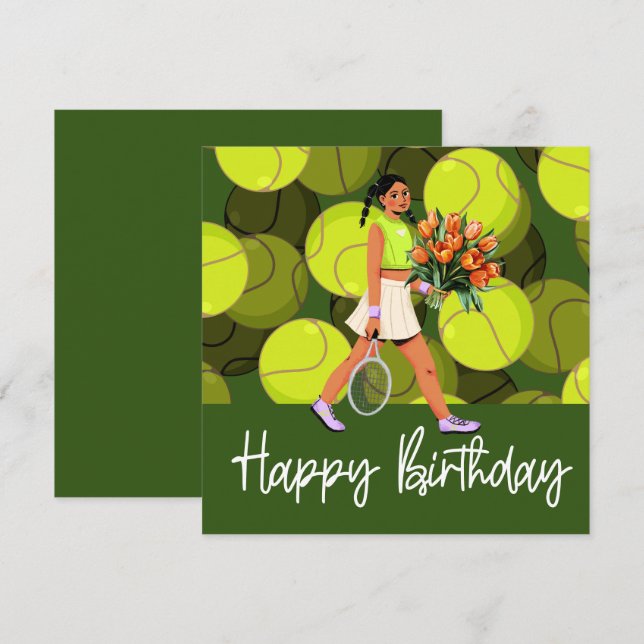 Carte d'anniversaire de tennis avec femme joueur (Devant / Derrière)