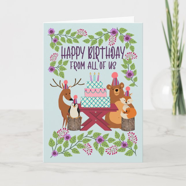 Carte d'anniversaire de tous les animaux de la for (Devant)