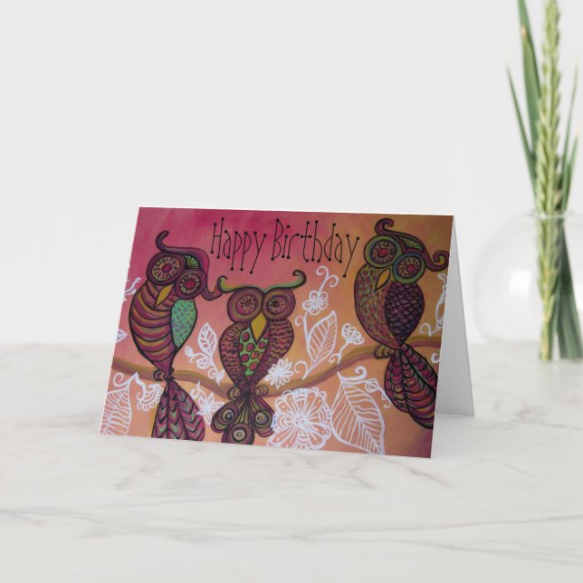 Carte d'anniversaire de trois chouettes (Devant)