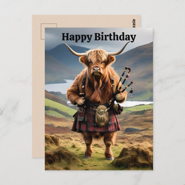 Carte d'anniversaire de vache des Highlands amusan (Devant / Derrière)