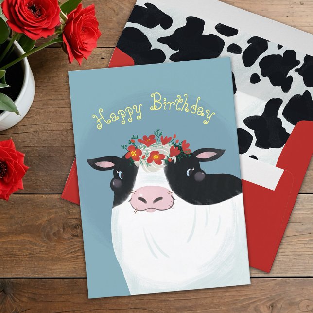 Carte d'anniversaire de vache Vache laitière et fl (Créateur téléchargé)