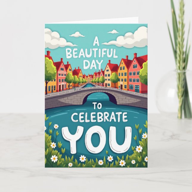 Carte d'anniversaire de ville de canal joyeuse (Devant)