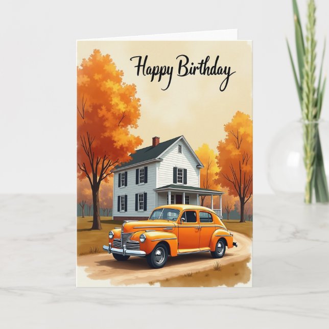 Carte d'anniversaire de voiture automnale (Devant)