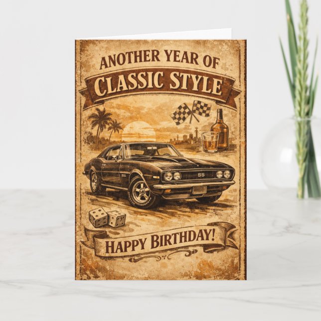 Carte d'anniversaire de voiture classique vintage  (Devant)