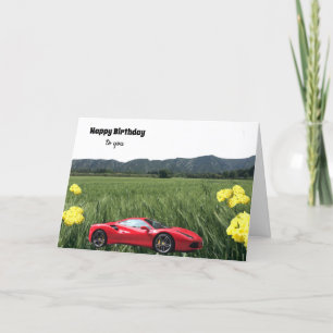 Carte d'anniversaire de voiture rouge ardente