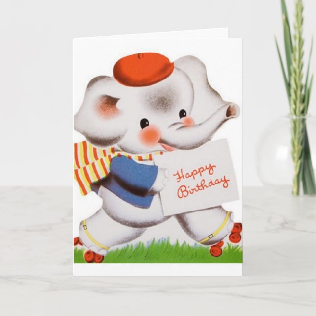 Carte d'anniversaire d'éléphant de patinage à roul (Devant)