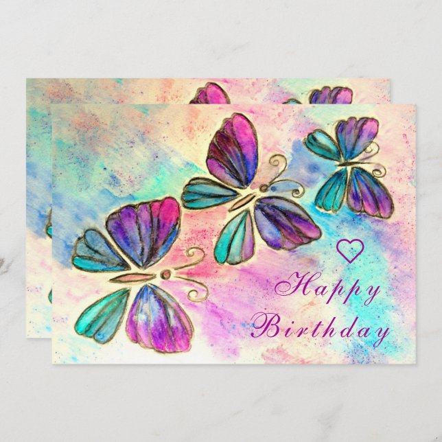 Carte d'anniversaire des papillons Watercolor (Devant / Derrière)