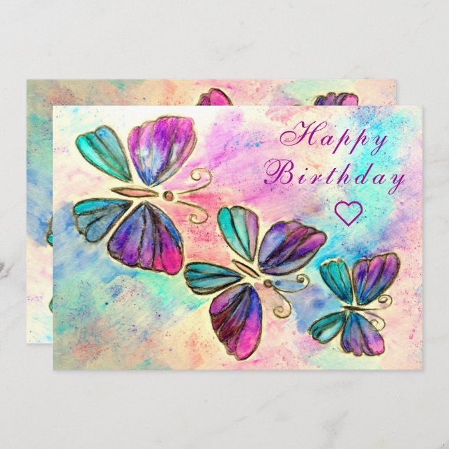 Carte d'anniversaire des papillons Watercolor (Devant / Derrière)