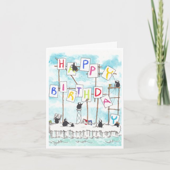 Carte d'anniversaire des peintres de pingouins (Devant)