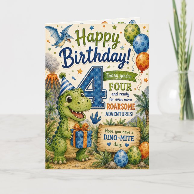 Carte d'anniversaire Dino-Mite 4 ans (Devant)