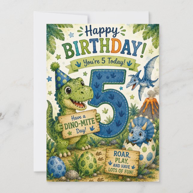 Carte d'anniversaire Dino-Mite 5 ans (Devant)