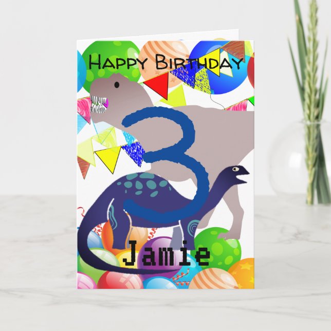 Carte d'anniversaire dinosaure pour enfant de 3 an (Devant)