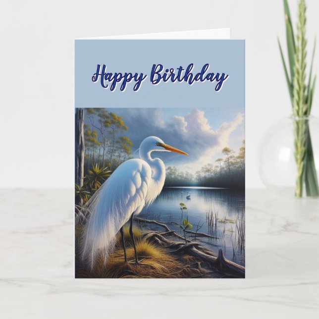 Carte d'anniversaire d'oiseau Grande Aigrette blan (Devant)