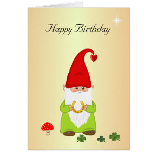 Carte d'anniversaire dorée avec un gnome heureux e