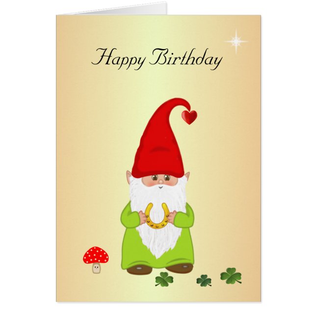 Carte d'anniversaire dorée avec un gnome heureux e (Devant)