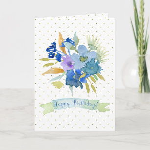 Carte d'Anniversaire, Dots d'Or, Fleurs d'Aquarell