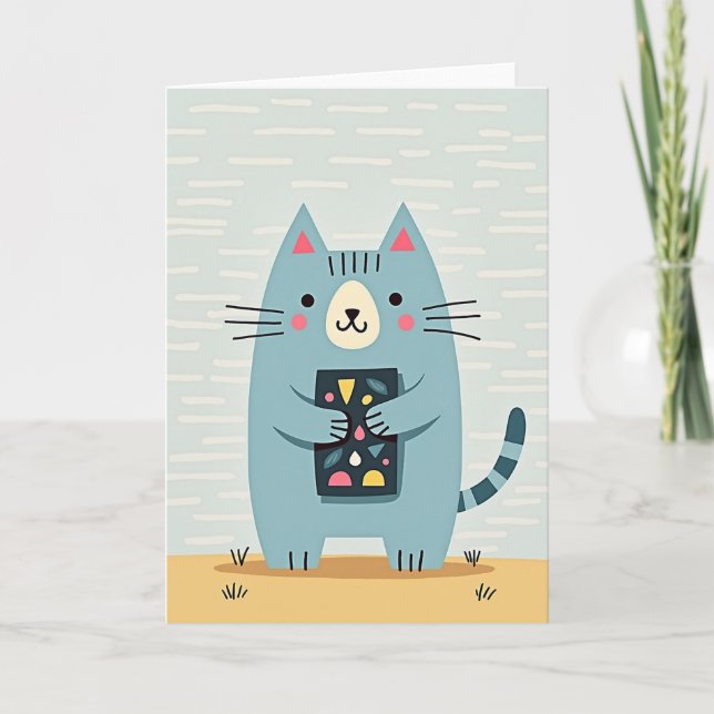 Carte d'anniversaire douce chat bleu (Devant)