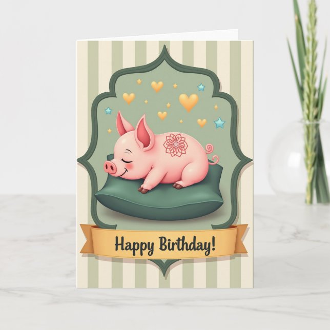 Carte d'anniversaire douce pour cochon dormant (Devant)