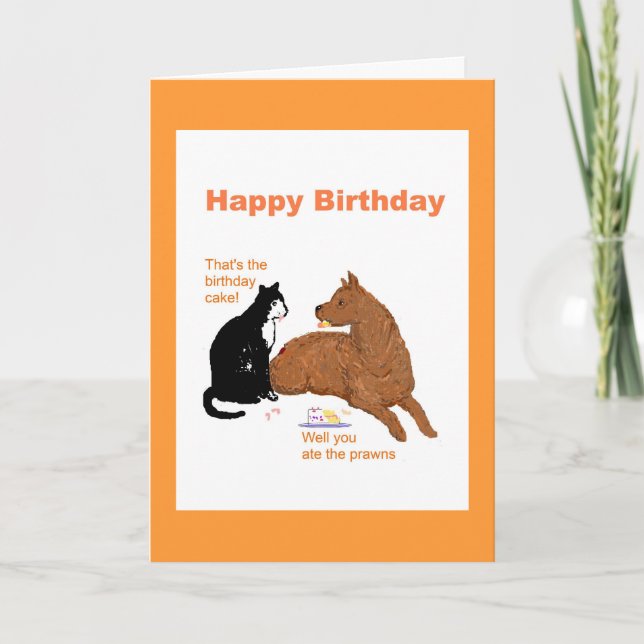 Carte d'anniversaire drôle avec chien et chat. (Devant)