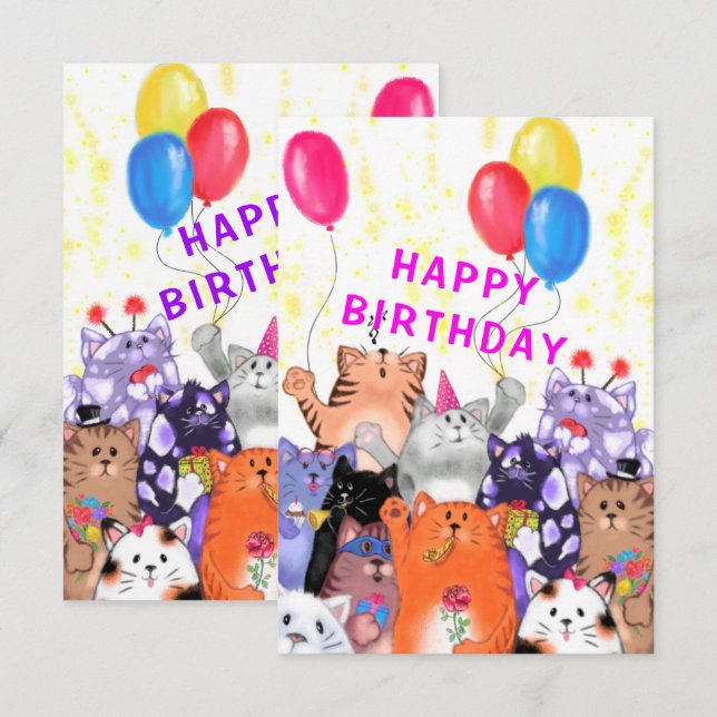 Carte d'anniversaire drôle Fête de chat heureux (Devant / Derrière)