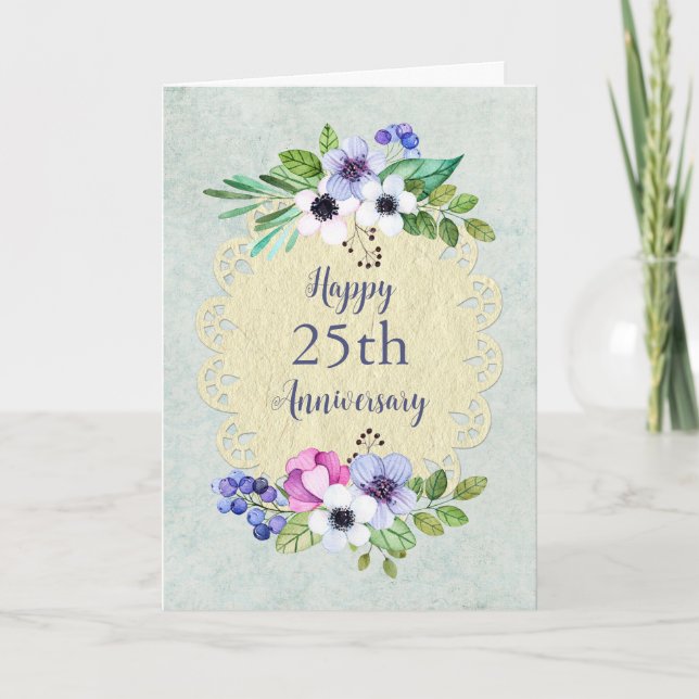 Carte d'anniversaire du 25e Mariage Fleurs vintage (Devant)