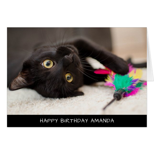 Carte d'anniversaire du chat noir mignon (Devant horizontal)