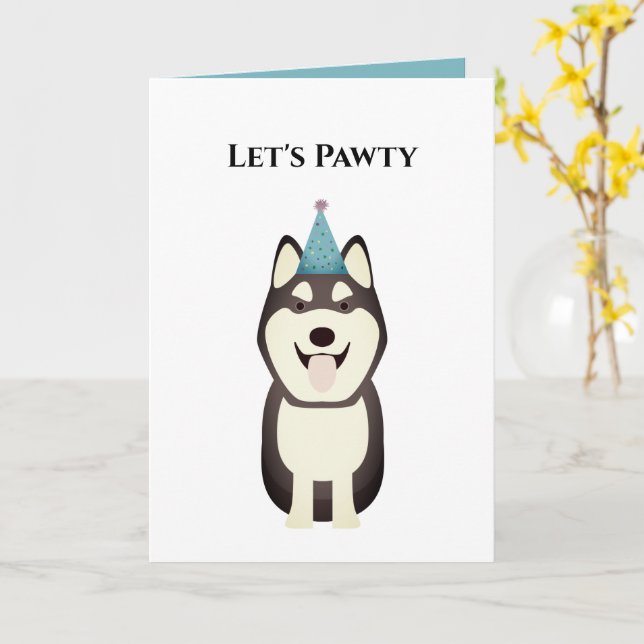 Carte d'anniversaire du chien, Pawty Husky (Fleur jaune)
