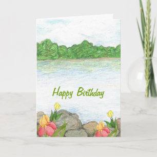 Carte d'anniversaire du lac et des fleurs