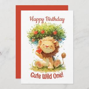 Carte d'anniversaire du lion souriant mignon et de