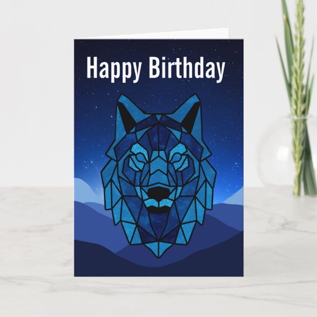 Carte d'anniversaire du loup bleu géométrique (Devant)