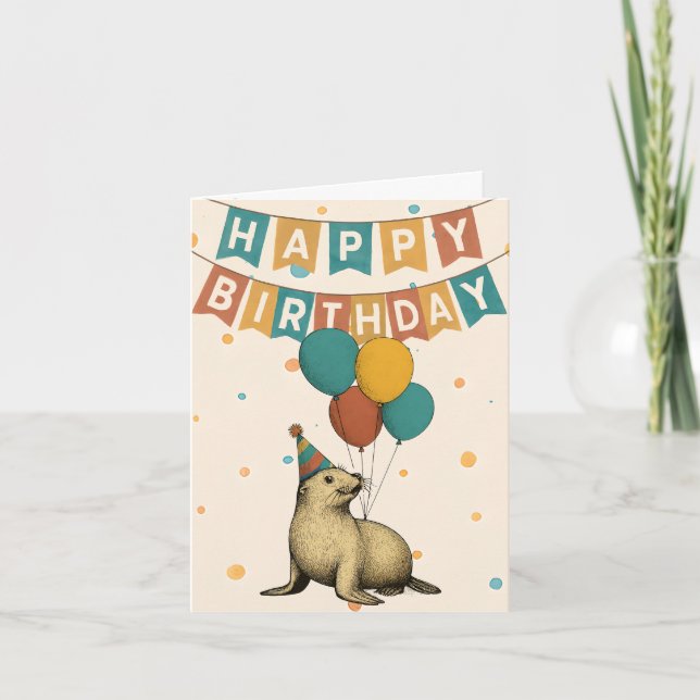 Carte d'anniversaire du phoque - animal de fête (Devant)