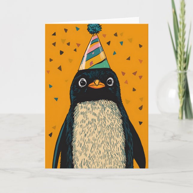 Carte d'anniversaire du pingouin de fête (Devant)
