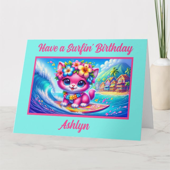 Carte d'anniversaire du surf tropical rose Kitten (Devant)