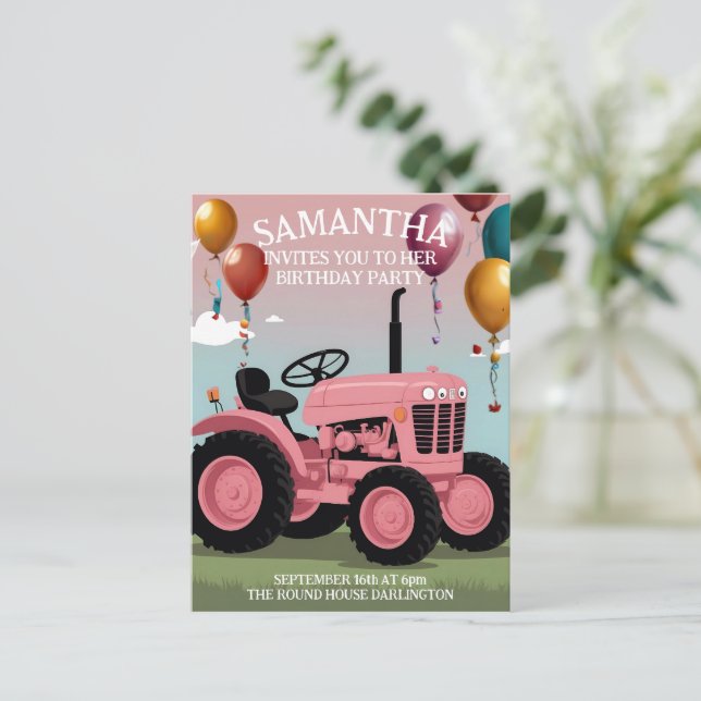 Carte d'anniversaire du Tracteur rose mignonne (Debout devant)