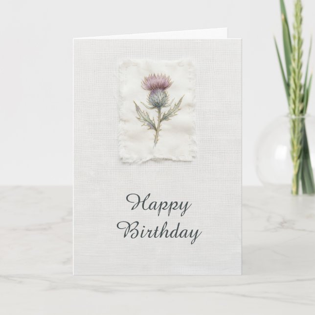 Carte d'anniversaire écossaise Thistle Violet Aqua (Devant)