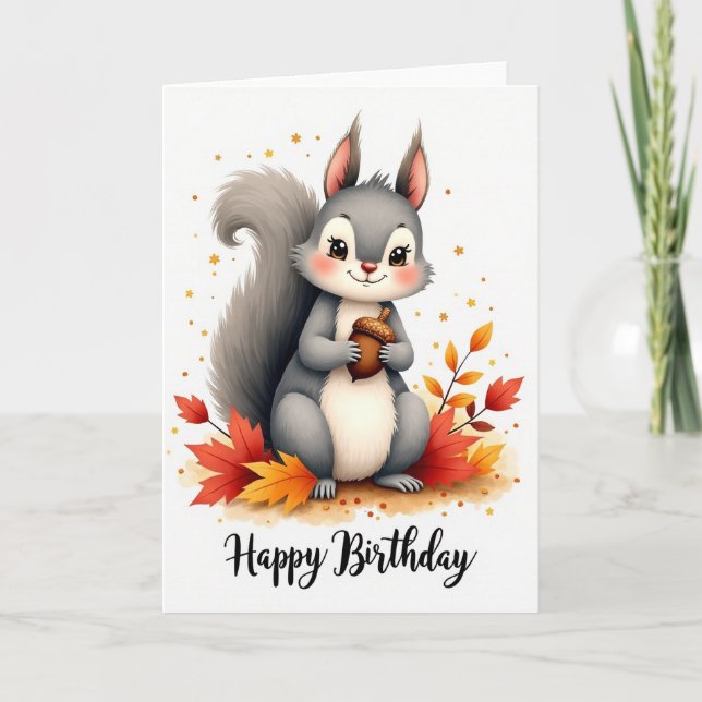 Carte d'anniversaire écureuil automnal aux glands (Devant)