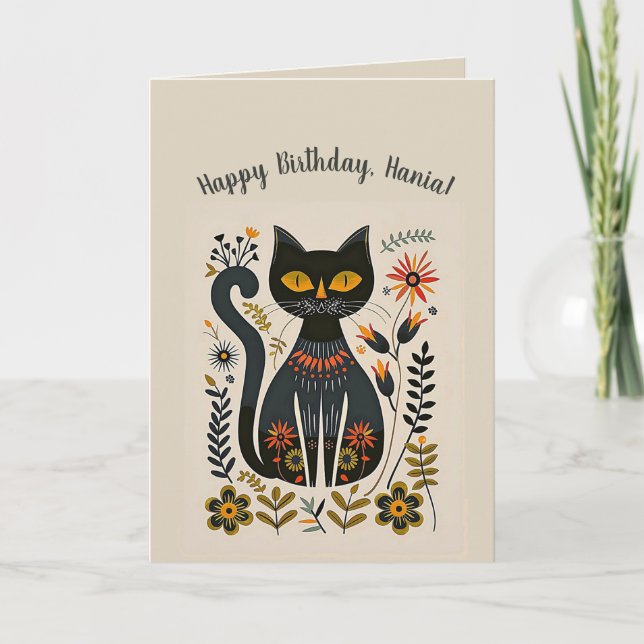 Carte d'anniversaire éditable chat noir art popula (Devant)