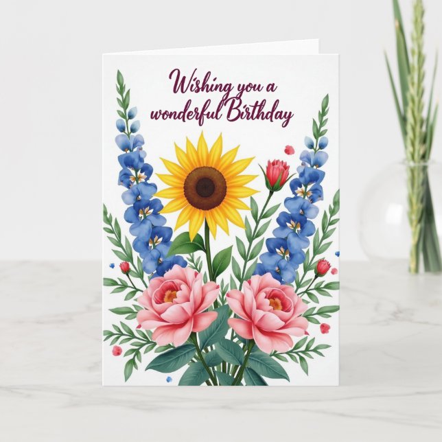 Carte d'anniversaire élégante aux fleurs dorées (Devant)