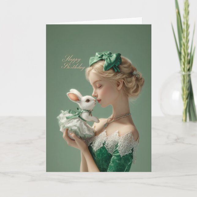 Carte d'anniversaire élégante avec dame et lapin b (Devant)
