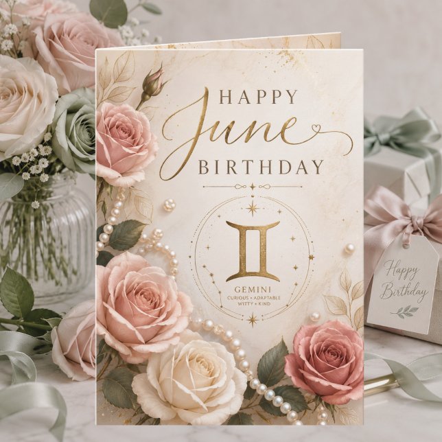 Carte d'anniversaire élégante de juin Gémeaux Rose (Créateur téléchargé)